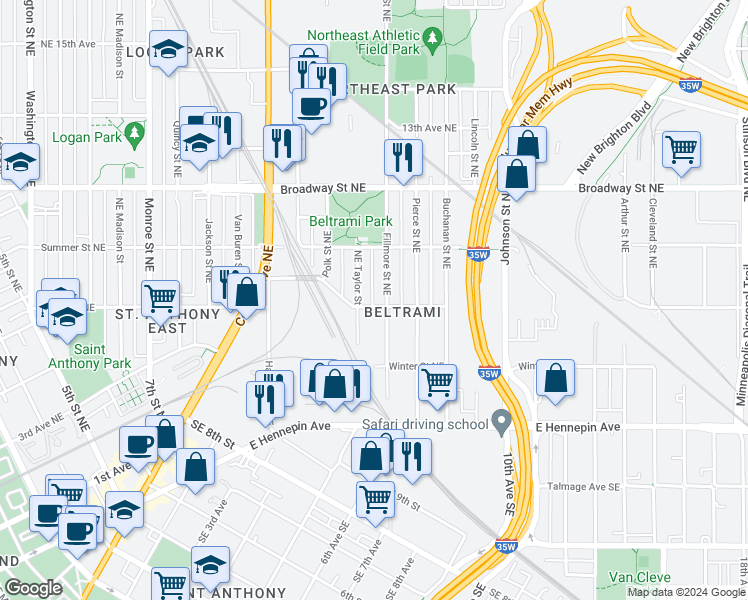 map of restaurants, bars, coffee shops, grocery stores, and more near 611 Northeast Taylor Street in Minneapolis
