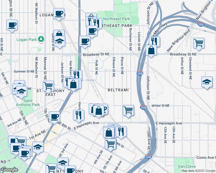 map of restaurants, bars, coffee shops, grocery stores, and more near 611 Northeast Taylor Street in Minneapolis