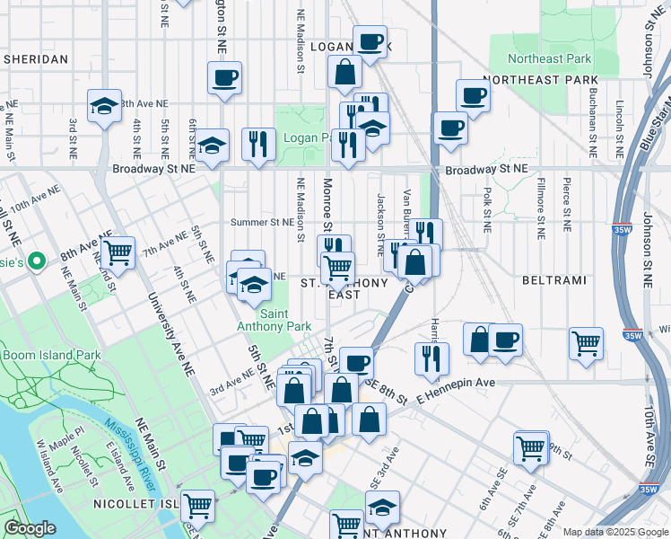 map of restaurants, bars, coffee shops, grocery stores, and more near 617 Monroe Street Northeast in Minneapolis