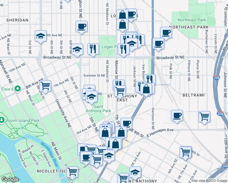 map of restaurants, bars, coffee shops, grocery stores, and more near 615 Northeast Madison Street in Minneapolis