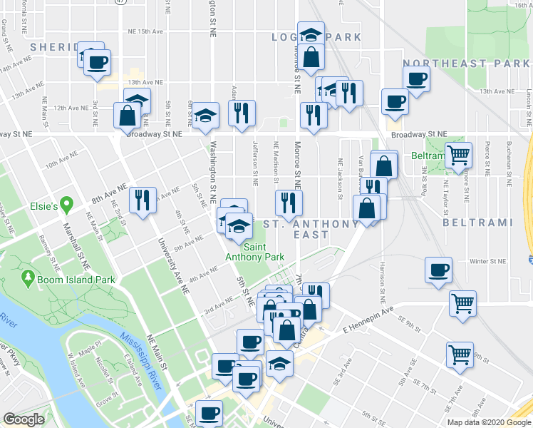 map of restaurants, bars, coffee shops, grocery stores, and more near 612 Jefferson Street Northeast in Minneapolis