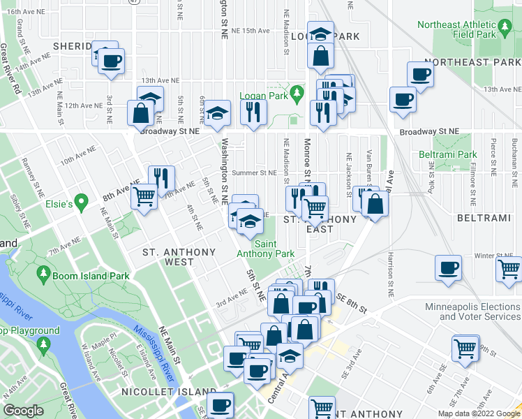 map of restaurants, bars, coffee shops, grocery stores, and more near 612 Jefferson Street Northeast in Minneapolis