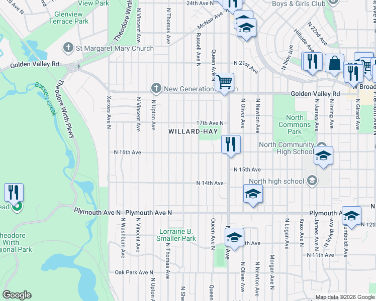 map of restaurants, bars, coffee shops, grocery stores, and more near 1610 North Sheridan Avenue in Minneapolis