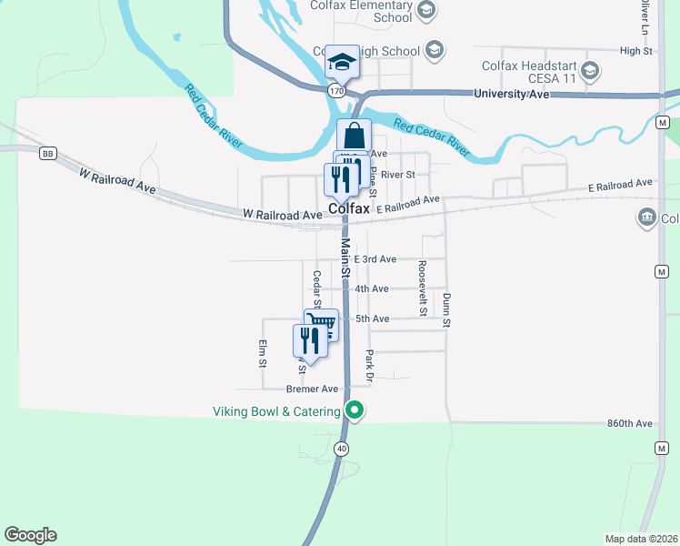 map of restaurants, bars, coffee shops, grocery stores, and more near 310 Cedar Street in Colfax