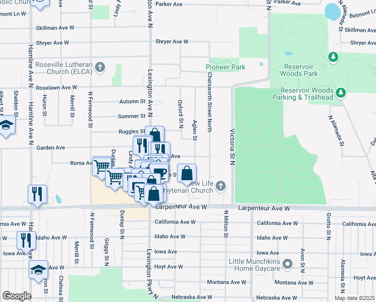 map of restaurants, bars, coffee shops, grocery stores, and more near 1800 Aglen Street in Roseville