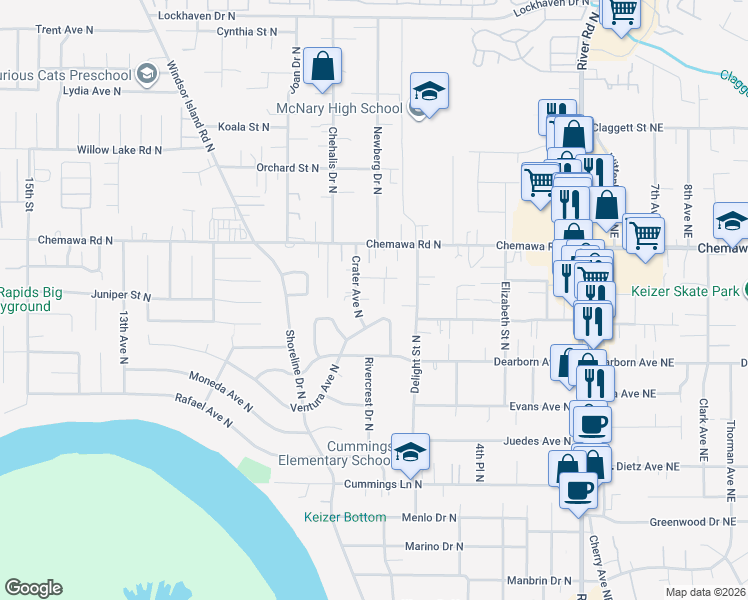 map of restaurants, bars, coffee shops, grocery stores, and more near 4910 Crater Avenue North in Keizer