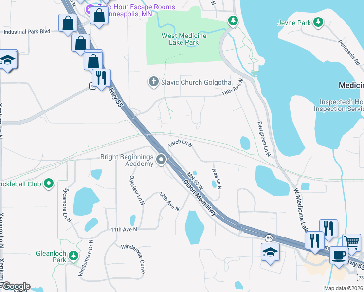 map of restaurants, bars, coffee shops, grocery stores, and more near 1410 Larch Lane North in Plymouth