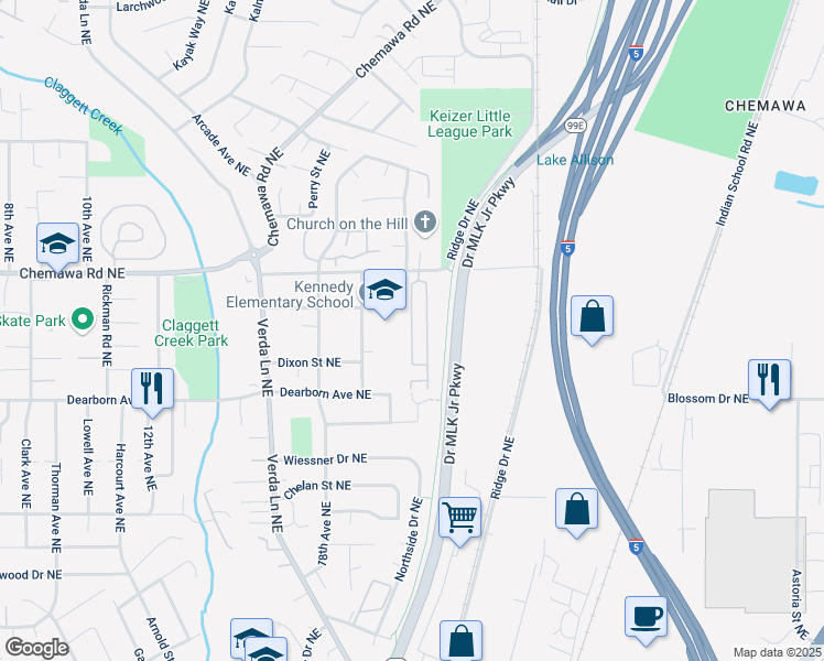 map of restaurants, bars, coffee shops, grocery stores, and more near 2025 Kennedy Circle Northeast in Keizer