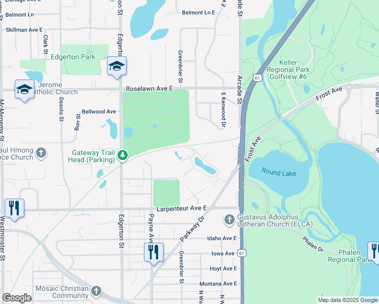 map of restaurants, bars, coffee shops, grocery stores, and more near 703 Maple Hills Drive East in Maplewood