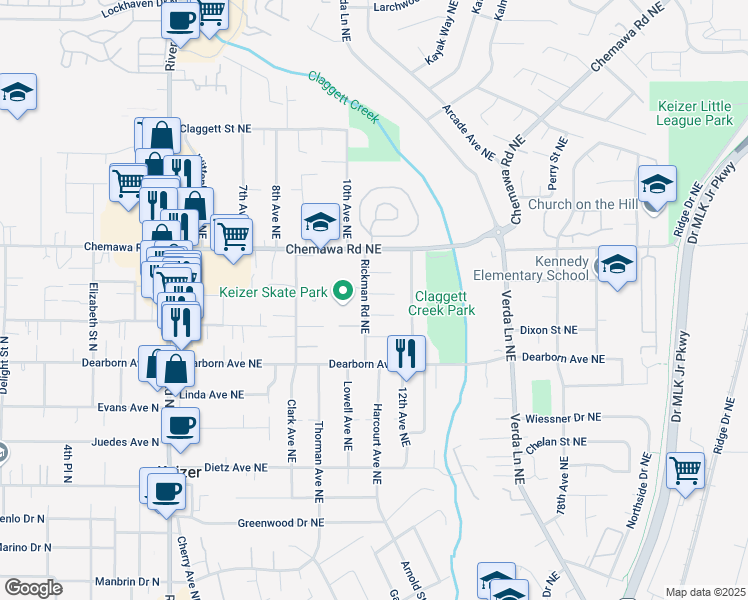 map of restaurants, bars, coffee shops, grocery stores, and more near 4950 Rickman Road Northeast in Keizer