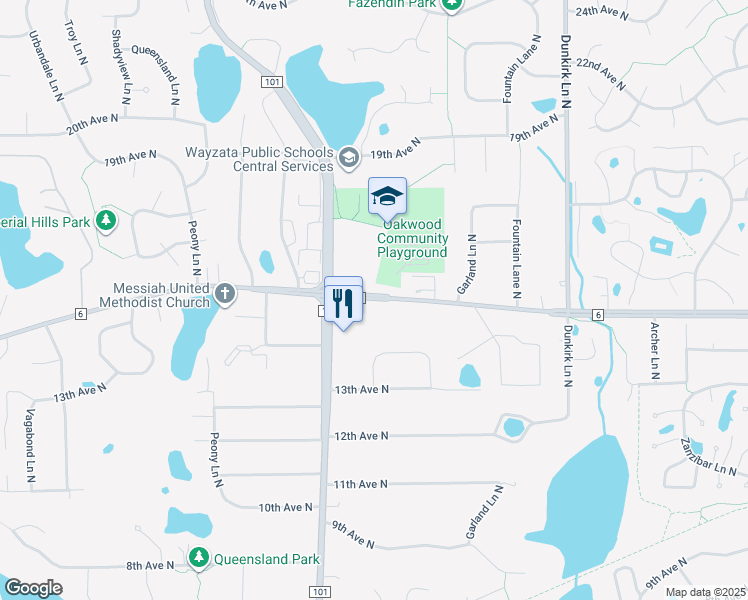 map of restaurants, bars, coffee shops, grocery stores, and more near 17361 County Road 6 in Plymouth