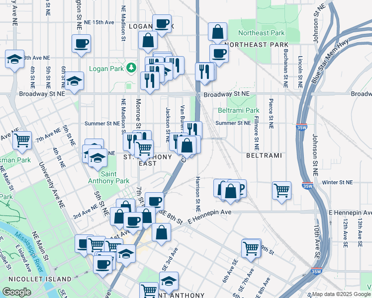map of restaurants, bars, coffee shops, grocery stores, and more near 610 Van Buren Street Northeast in Minneapolis
