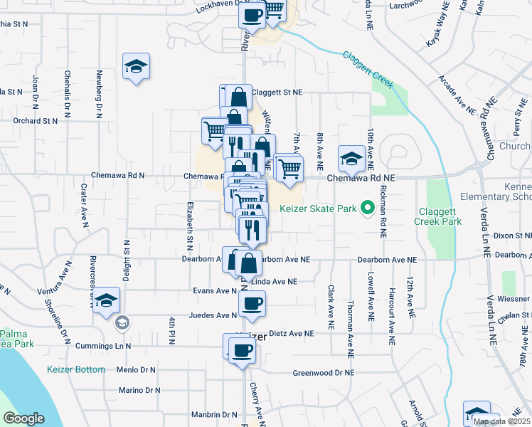 map of restaurants, bars, coffee shops, grocery stores, and more near 640 Arleta Place Northeast in Keizer