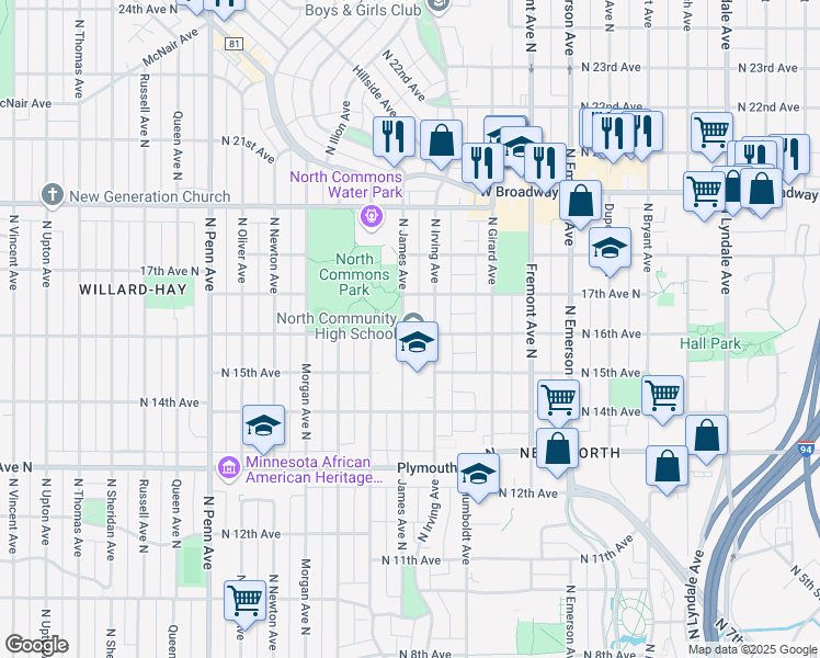 map of restaurants, bars, coffee shops, grocery stores, and more near 1600 North 16th Avenue in Minneapolis