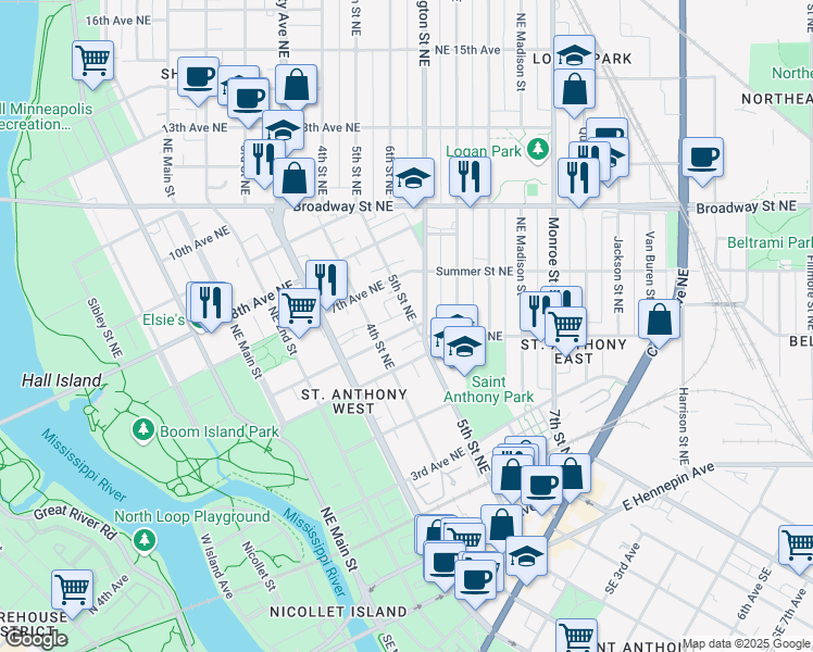 map of restaurants, bars, coffee shops, grocery stores, and more near 425 6th Avenue Northeast in Minneapolis