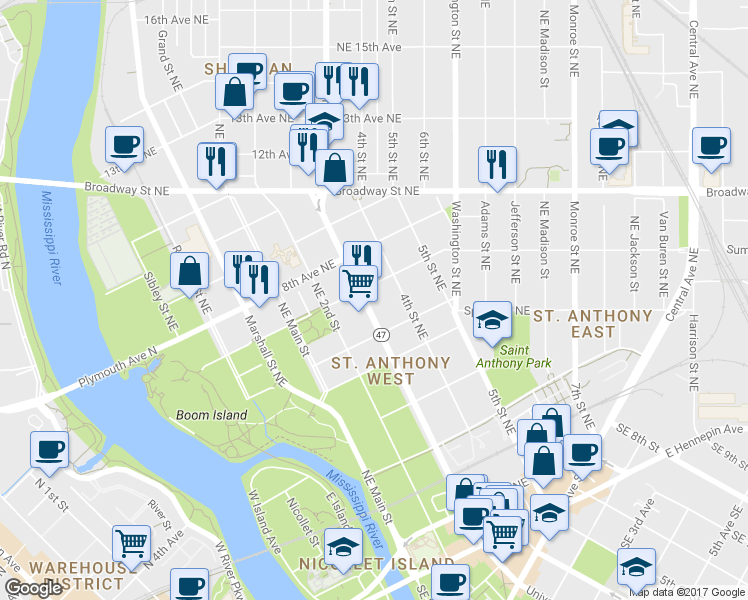 map of restaurants, bars, coffee shops, grocery stores, and more near 631 University Avenue Northeast in Minneapolis