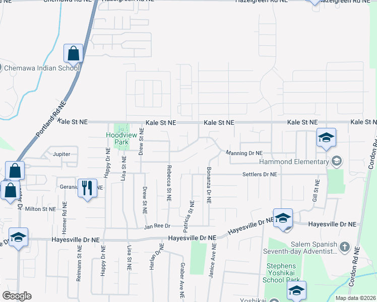 map of restaurants, bars, coffee shops, grocery stores, and more near 4956 Countryside Drive Northeast in Salem