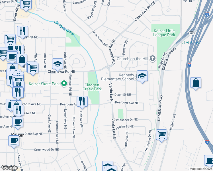 map of restaurants, bars, coffee shops, grocery stores, and more near 4845 Verda Ln NE in Keizer