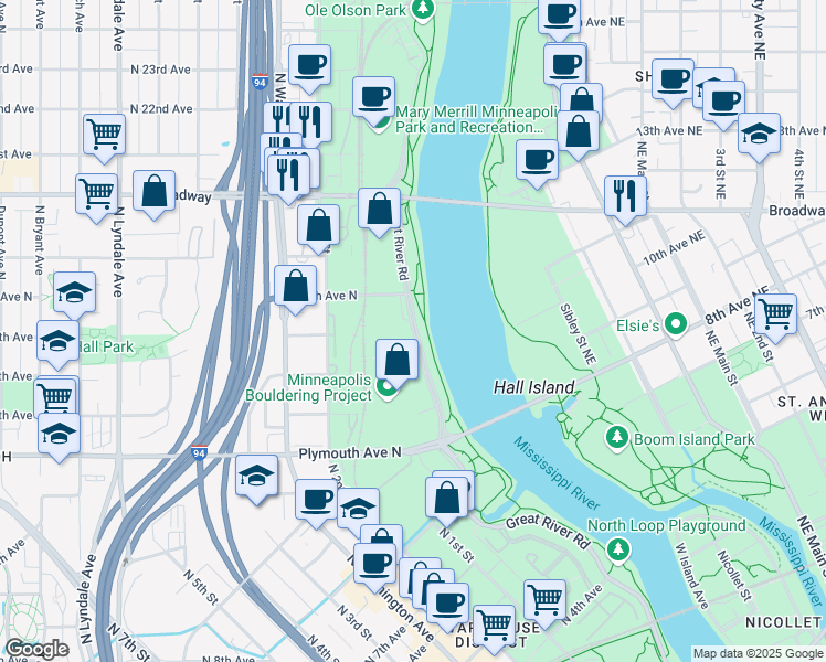 map of restaurants, bars, coffee shops, grocery stores, and more near 1582-1698 West River Rd N in Minneapolis
