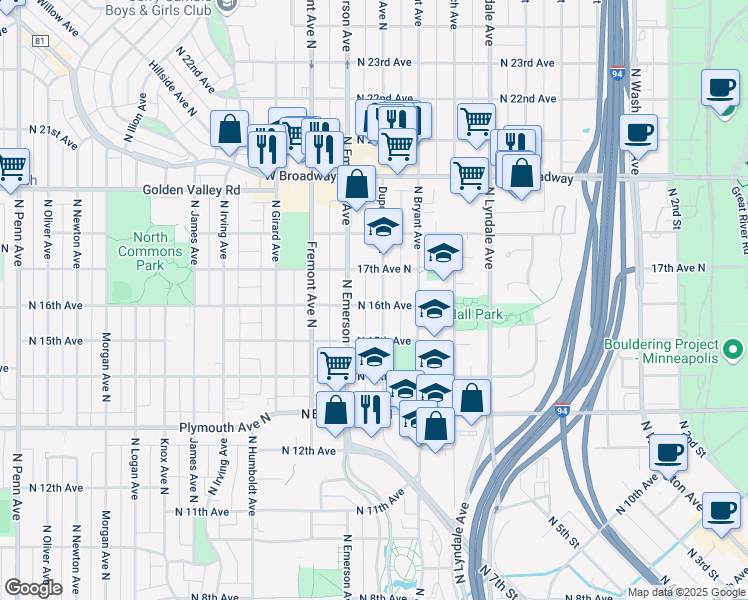 map of restaurants, bars, coffee shops, grocery stores, and more near in Minneapolis