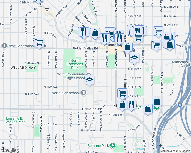 map of restaurants, bars, coffee shops, grocery stores, and more near 1406 North 16th Avenue in Minneapolis