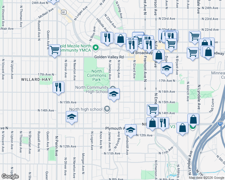 map of restaurants, bars, coffee shops, grocery stores, and more near 1600 North 16th Avenue in Minneapolis