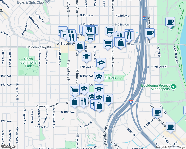 map of restaurants, bars, coffee shops, grocery stores, and more near 904 North 16th Avenue in Minneapolis