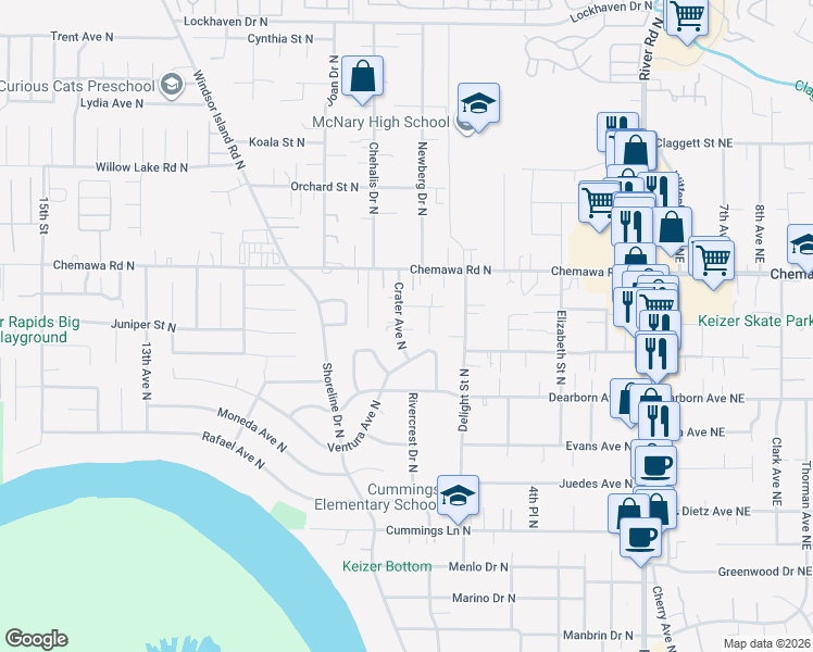 map of restaurants, bars, coffee shops, grocery stores, and more near 4910 Crater Avenue North in Keizer