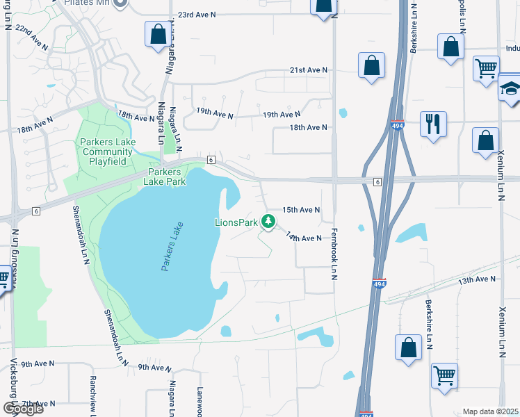 map of restaurants, bars, coffee shops, grocery stores, and more near 1490 Kingsview Lane North in Plymouth