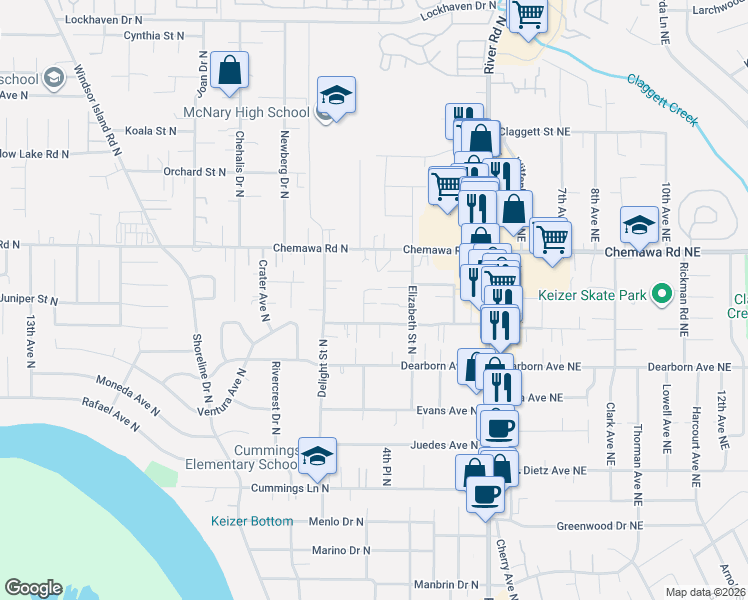 map of restaurants, bars, coffee shops, grocery stores, and more near 4934 Fillmore Street North in Keizer