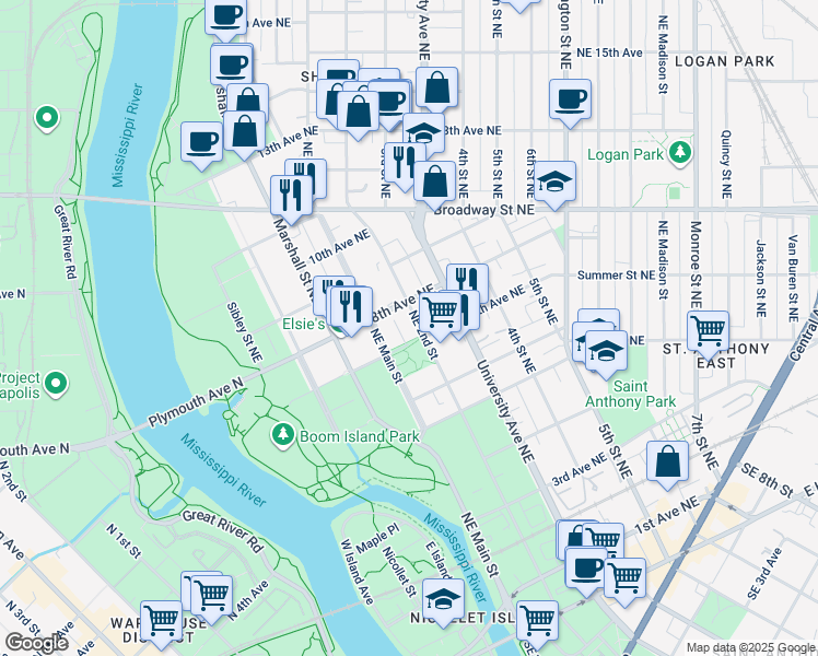 map of restaurants, bars, coffee shops, grocery stores, and more near 710 Northeast 2nd Street in Minneapolis