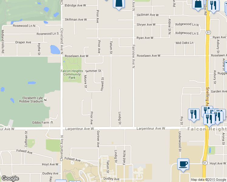 map of restaurants, bars, coffee shops, grocery stores, and more near 1804 Tatum Street in Falcon Heights