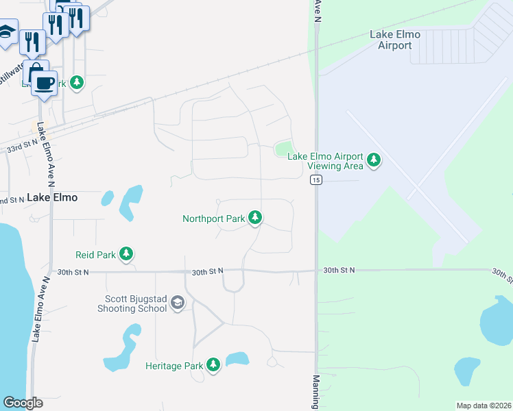 map of restaurants, bars, coffee shops, grocery stores, and more near 11794 Lower 31st Street North in Lake Elmo