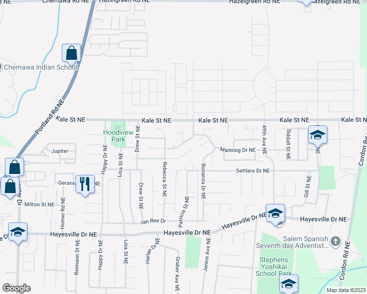 map of restaurants, bars, coffee shops, grocery stores, and more near 4956 Countryside Drive Northeast in Salem