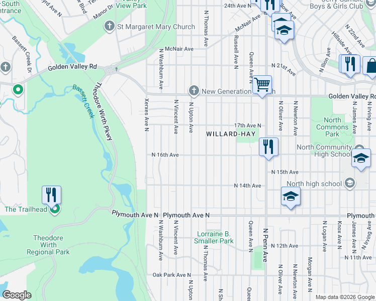 map of restaurants, bars, coffee shops, grocery stores, and more near 1607 North Upton Avenue in Minneapolis