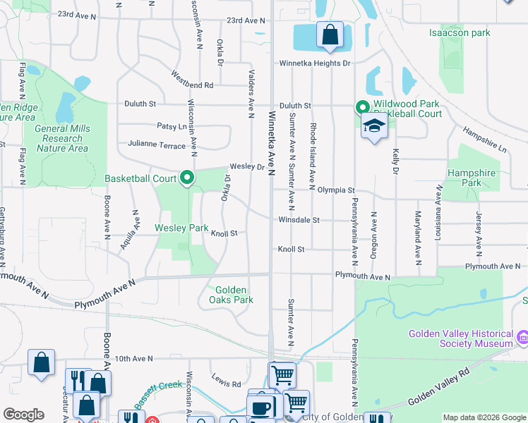 map of restaurants, bars, coffee shops, grocery stores, and more near 7900 Winsdale Street North in Minneapolis