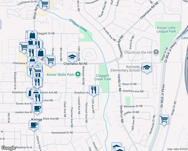 map of restaurants, bars, coffee shops, grocery stores, and more near 4925 13th Avenue Northeast in Keizer