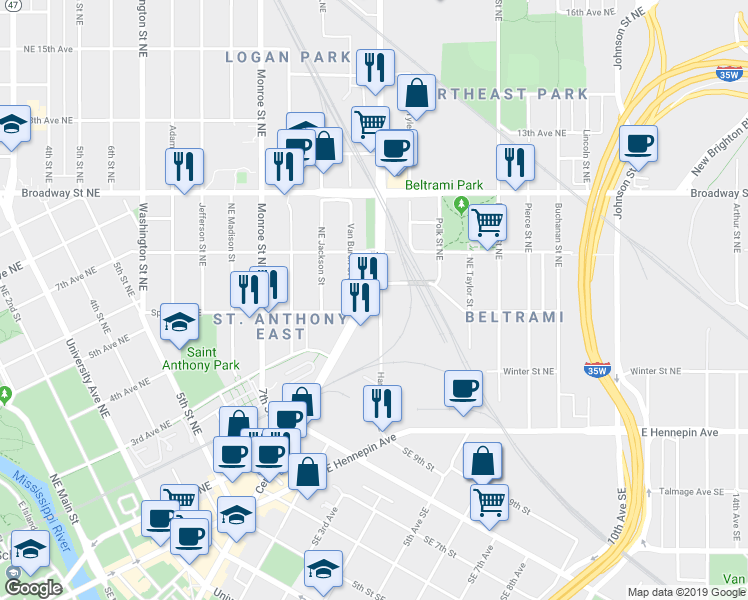 map of restaurants, bars, coffee shops, grocery stores, and more near 984 Central Avenue Northeast in Minneapolis