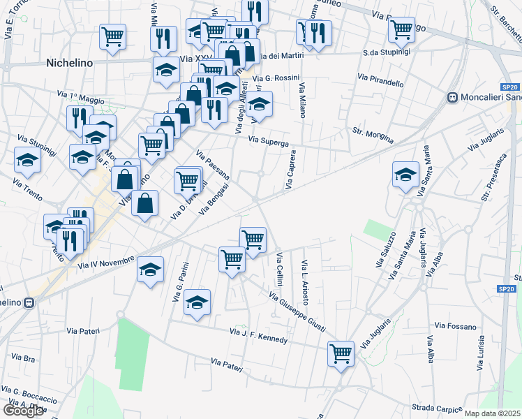 map of restaurants, bars, coffee shops, grocery stores, and more near Sovrappasso Unità d'Italia in Nichelino