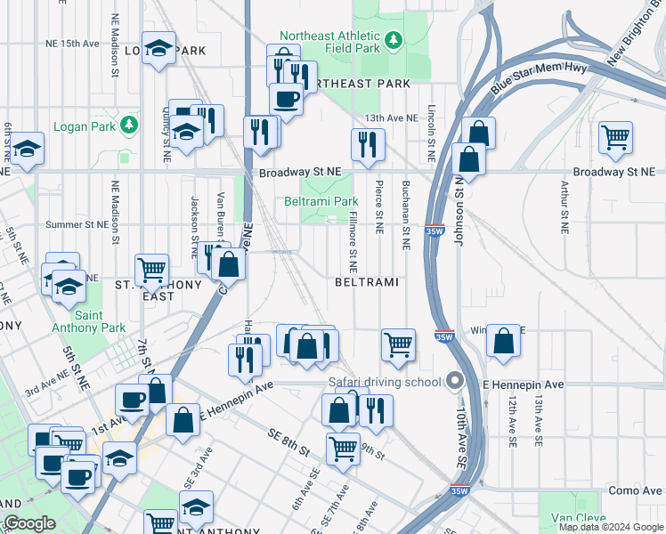 map of restaurants, bars, coffee shops, grocery stores, and more near 611 Northeast Taylor Street in Minneapolis