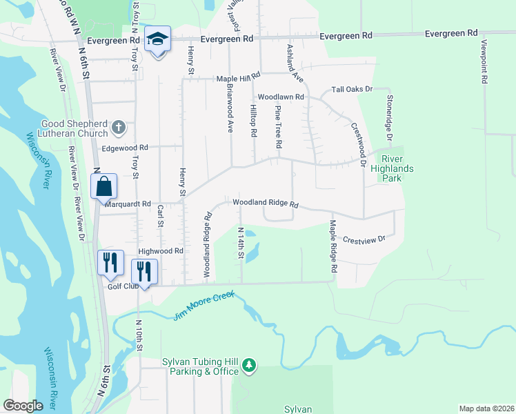 map of restaurants, bars, coffee shops, grocery stores, and more near 1409 Woodland Ridge Rd in Wausau