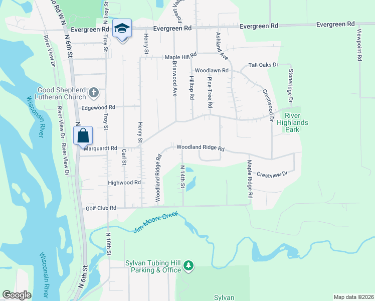 map of restaurants, bars, coffee shops, grocery stores, and more near 1409 Woodland Ridge Road in Wausau