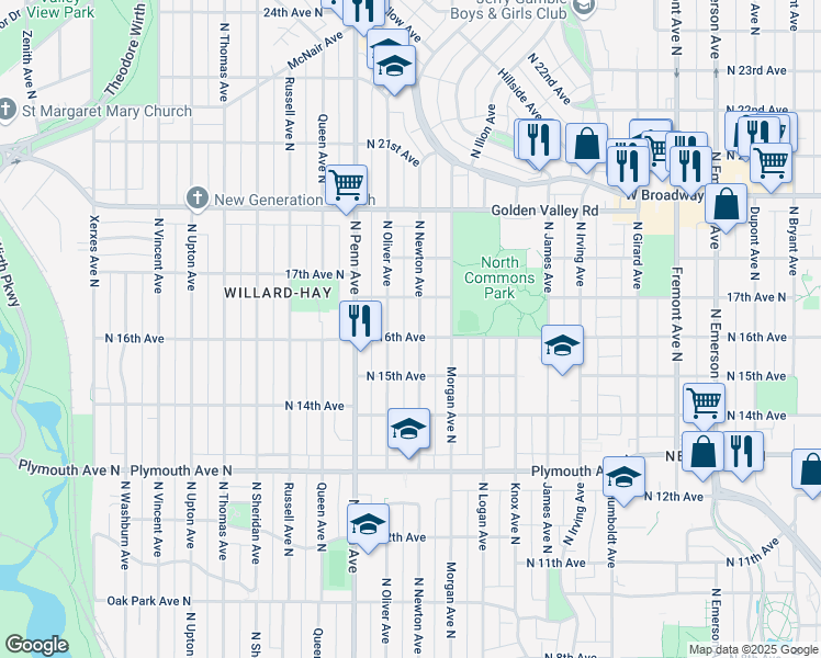 map of restaurants, bars, coffee shops, grocery stores, and more near 1607 North Newton Avenue in Minneapolis