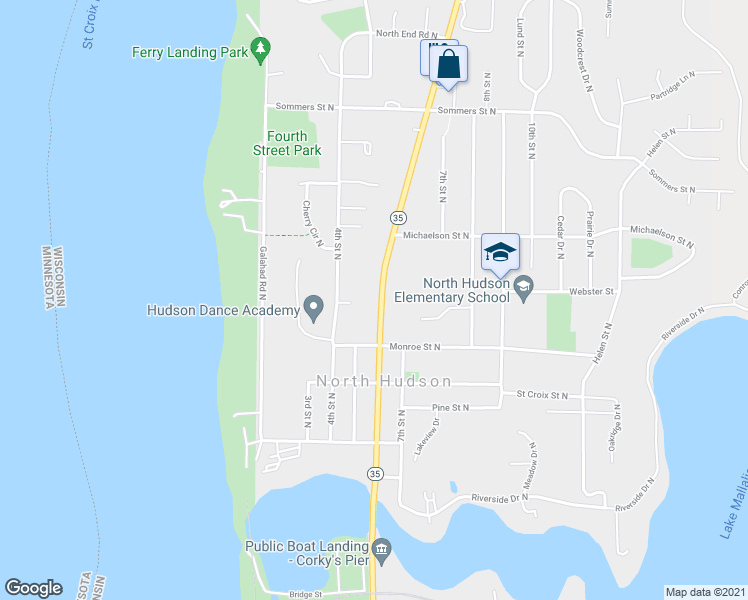 map of restaurants, bars, coffee shops, grocery stores, and more near 523 6th Street North in Hudson