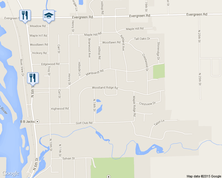 map of restaurants, bars, coffee shops, grocery stores, and more near 1505 Woodland Ridge Rd in Wausau