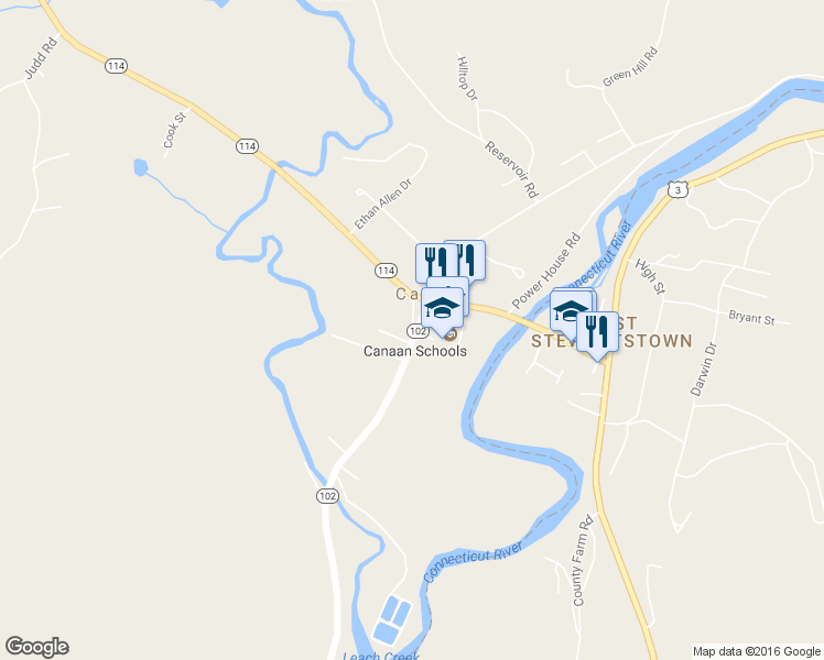 map of restaurants, bars, coffee shops, grocery stores, and more near 5 Park Street in Canaan