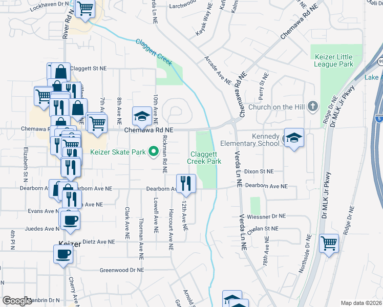 map of restaurants, bars, coffee shops, grocery stores, and more near 4925 13th Avenue Northeast in Keizer