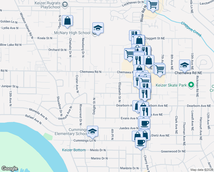 map of restaurants, bars, coffee shops, grocery stores, and more near 4934 Fillmore Street North in Keizer