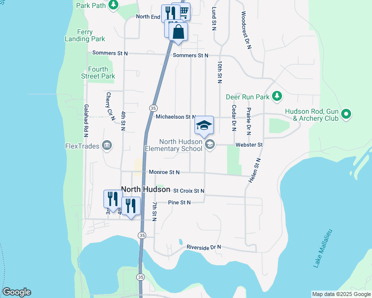 map of restaurants, bars, coffee shops, grocery stores, and more near 736 Lynn Circle North in Hudson