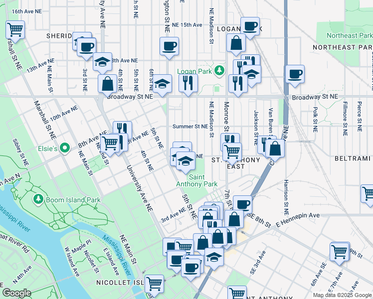 map of restaurants, bars, coffee shops, grocery stores, and more near 612 Adams Street Northeast in Minneapolis